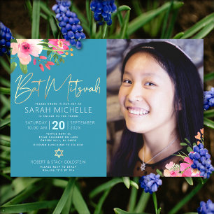 Invitation Photo Bat Mitzvah Bleu Floral Aquarelle Script