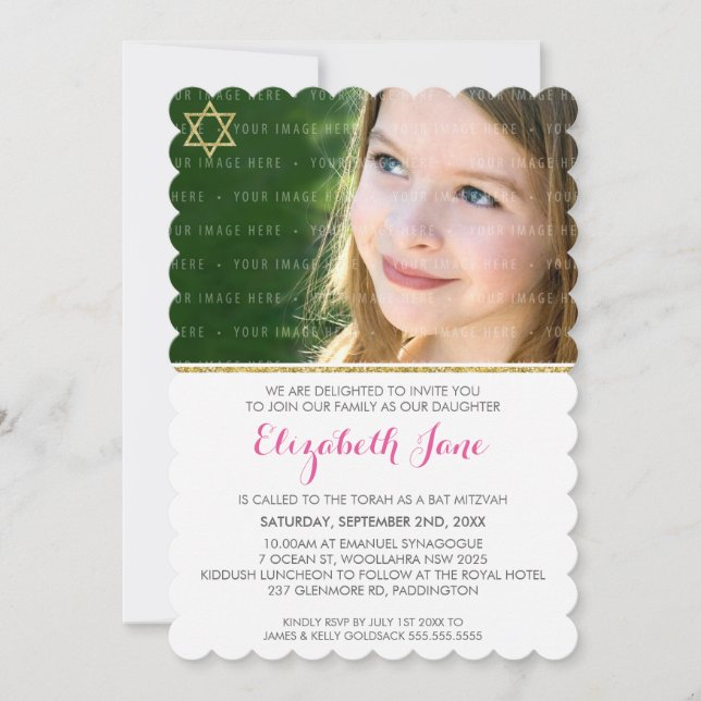 Invitation PHOTO BAT MITZVAH chevron rayure or parties scinti (Devant)