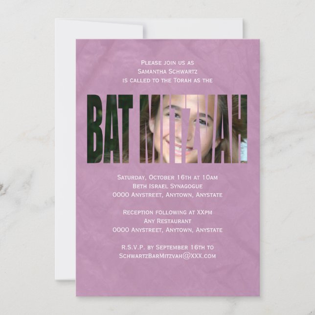 Invitation photo Bat mitzvah en violet (Devant)