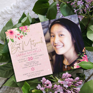 Invitation Photo Bat Mitzvah Fleurs Roses Aquarelle Script