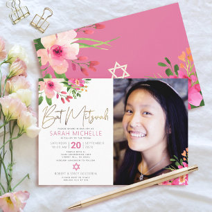 Invitation Photo Bat Mitzvah Floral Aquarelle Écriture Dorée