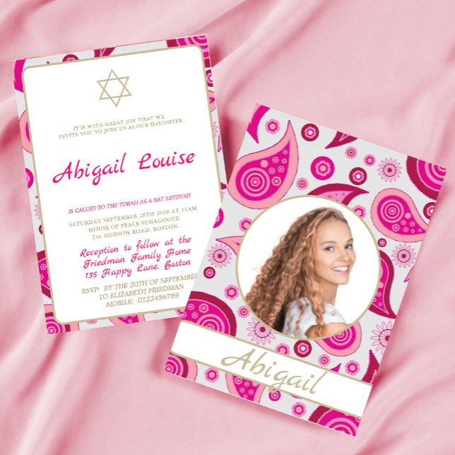 Invitation photo Bat mitzvah rose moderne (Créateur téléchargé)