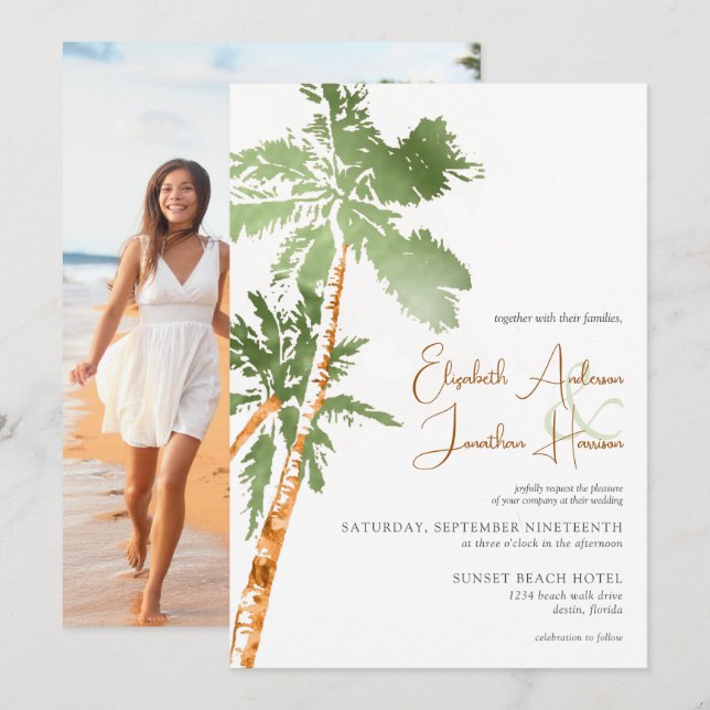 Invitation Photo Beach Palm Trees Destination Mariage Script (Devant / Derrière)