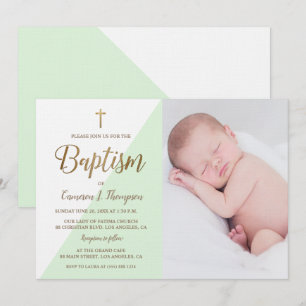Invitation Photo bébé Baptême d'or blanc vert personnalisé
