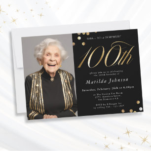 Invitation Photo Black and Gold 100th Birthday Surprise Party