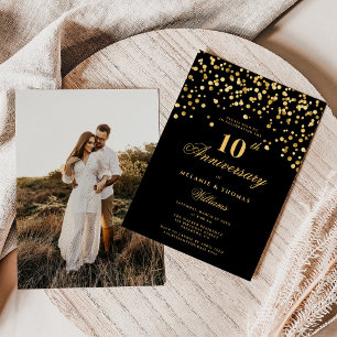 Invitation Photo Black And Gold 10e anniversaire de Mariage