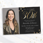 Invitation Photo Black and Gold 30th Birthday Surprise Party<br><div class="desc">Photo Black and Gold 30th Birthday Surprise Party Invitation. Ce design embrasse un thème minimaliste noir et or qui respire l'élégance moderne. L'invitation est faite d'un arrière - plan noir élégant, qui offre une toile sophistiquée pour les accents dorés opulents. La typographie moderne et élégante occupe le devant de la...</div>