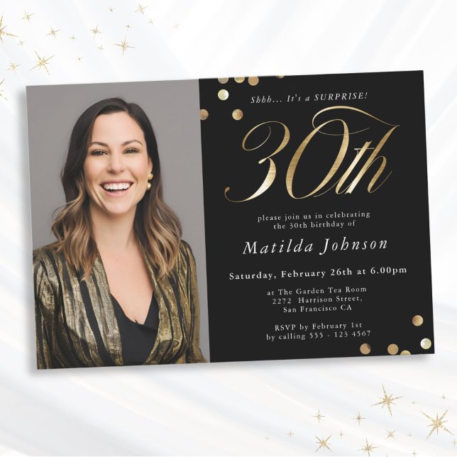 Invitation Photo Black and Gold 30th Birthday Surprise Party (Mockup View)