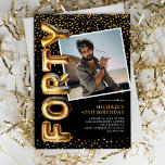 Invitation Photo Black and Gold 40th Birthday<br><div class="desc">Invitation moderne de 40ème anniversaire avec un arrière - plan noir élégant,  un modèle photo à remplacer par le vôtre,  une diffusion de confettis de parties scintillant d'or,  ballons d'hélium d'or qui épellent "quarante",  et un élégant modèle de texte de fête qui est facile à personnaliser.</div>