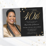 Invitation Photo Black and Gold 40th Birthday Surprise Party<br><div class="desc">Photo Black and Gold 40th Birthday Surprise Party Invitation. Ce design embrasse un thème minimaliste noir et or qui respire l'élégance moderne. L'invitation est faite d'un arrière - plan noir élégant, qui offre une toile sophistiquée pour les accents dorés opulents. La typographie moderne et élégante occupe le devant de la...</div>