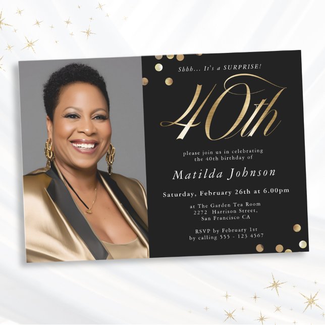 Invitation Photo Black and Gold 40th Birthday Surprise Party (Mockup View)
