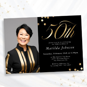 Invitation Photo Black and Gold 50th Birthday