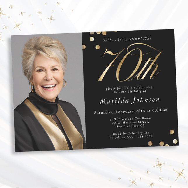 Invitation Photo Black and Gold 70th Birthday Surprise Party (Mockup View)