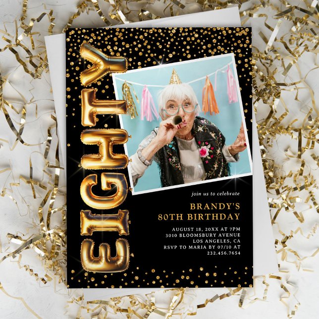 Invitation Photo Black and Gold 80th Birthday (Créateur téléchargé)