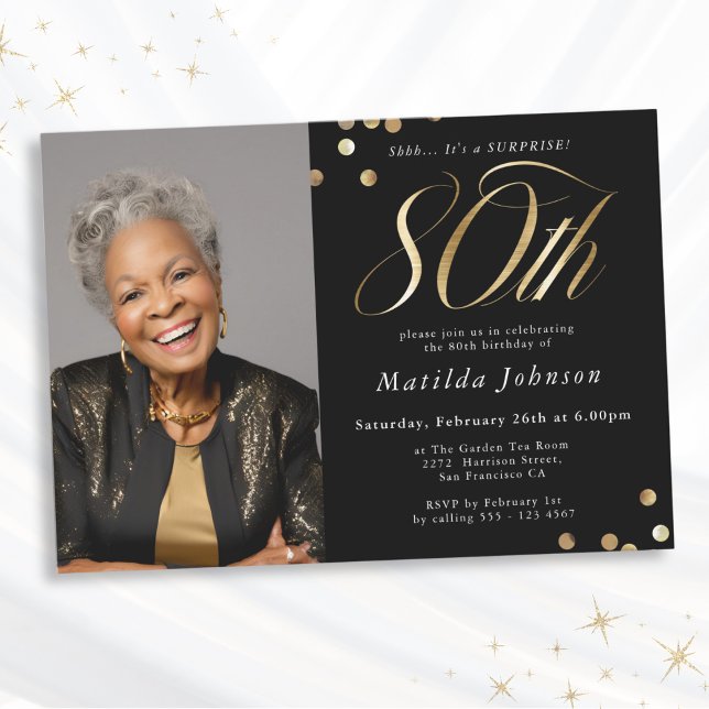 Invitation Photo Black and Gold 80th Birthday Surprise Party (Mockup View)