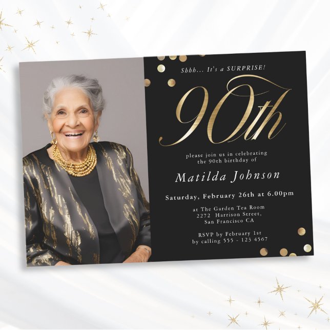 Invitation Photo Black and Gold 90th Birthday Surprise Party (Mockup View)