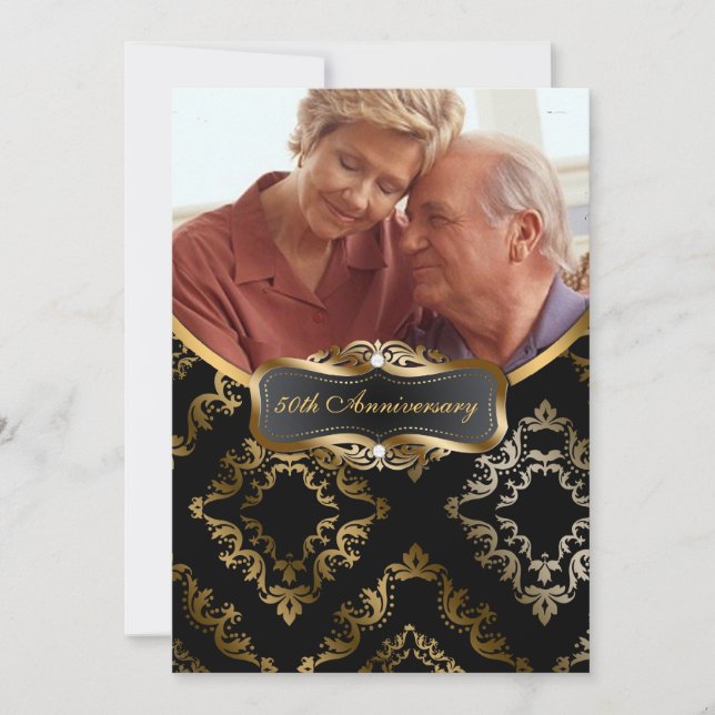 Invitation photo Black and Gold Damask (Devant)