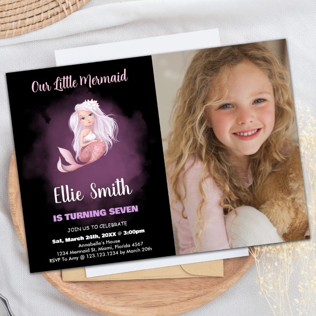 Invitation Photo Black Copper Tail Mermaid Anniversaire (Photo Black Copper Tail Mermaid Birthday Invitation)