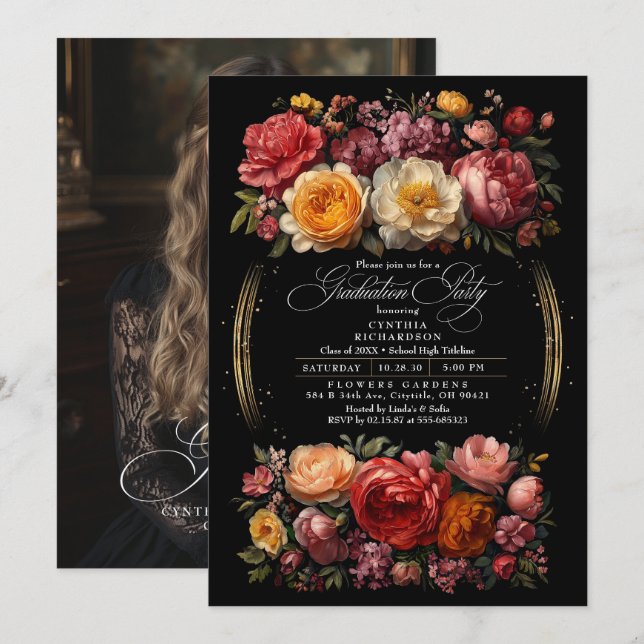 Invitation Photo Black Floral Moody Graduation Party (Devant / Derrière)