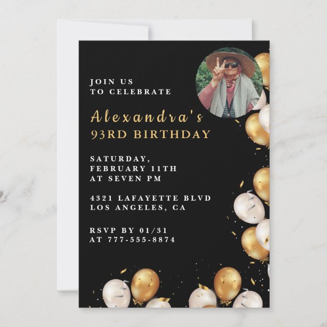Invitation Photo Black Gold Balloon 93e anniversaire (Devant)