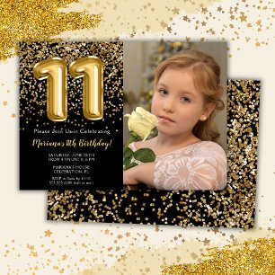 Invitation Photo Black Gold Enfants Fille 11e fête anniversai