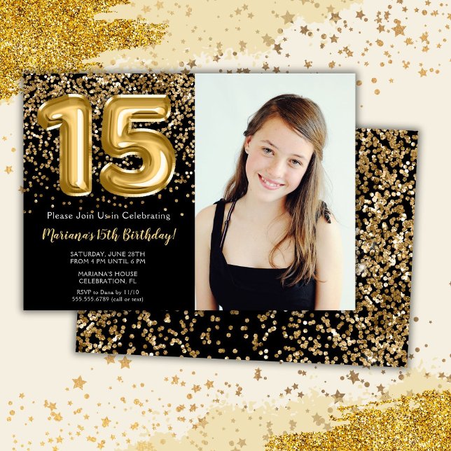 Invitation Photo Black Gold Enfants Fille 15e anniversaire fê (Créateur téléchargé)