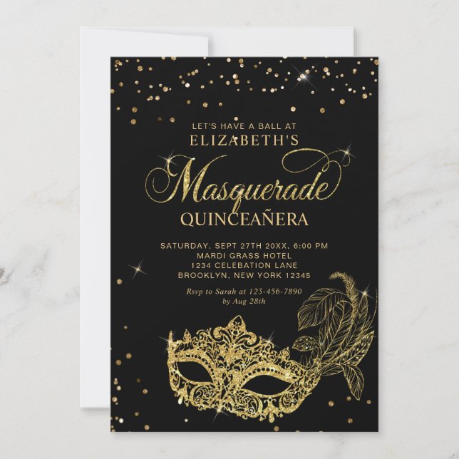Invitation Photo Black Gold Glitter Masquerade Quinceañera (Devant)