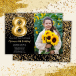 Invitation Photo Black Gold Kids 8e fête d'anniversaire<br><div class="desc">Photo élégante en noir et or 8ème anniversaire invitation pour une fille de 8 ans avec un script élégant écriture de police or design et des ballons de papier amusant.</div>
