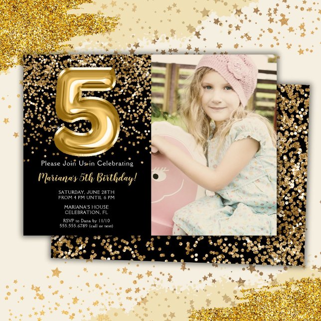 Invitation Photo Black Gold Kids Girl 5e fête d'anniversaire (Créateur téléchargé)