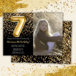 Invitation Photo Black Gold Kids Girl 7e fête d'anniversaire<br><div class="desc">Photo Elegant noir et or 7ème anniversaire invitation pour une fille de 7 ans avec un script élégant écriture de police or design et des ballons de papier amusant.</div>