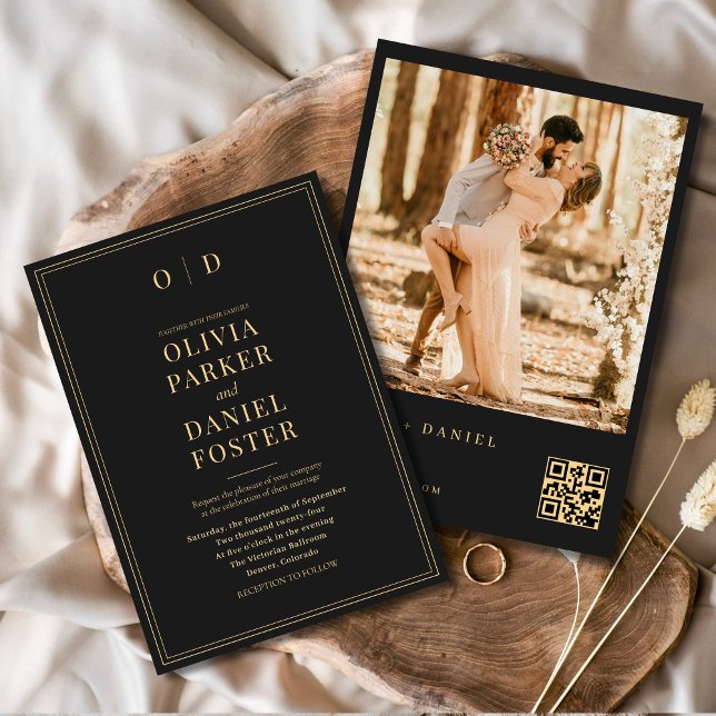 Invitation Photo Black Gold moderne QR Code Mariage (Créateur téléchargé)