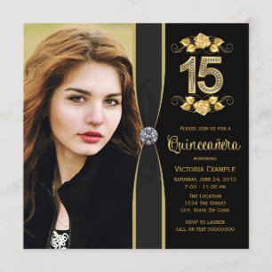 Invitation Photo Black Gold Quinceanera