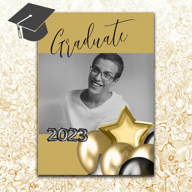 Invitation Photo Black Gold Script Calligraphy Balloon (Créateur téléchargé)