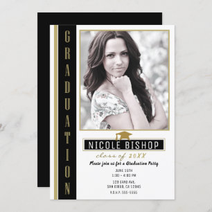 Invitation Photo Black Gold White Graduation Party