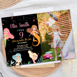 Invitation Photo Black Mermaids Anniversaire sous la mer
