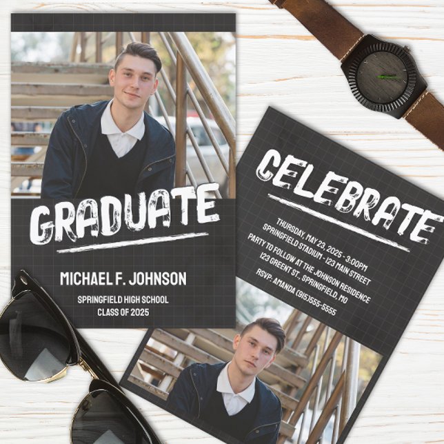 Invitation Photo Black Modern Grunge (Masculine Graduation Announcement)