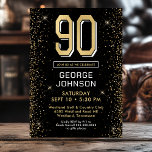 Invitation Photo Black moderne 90th Birthday<br><div class="desc">Cette fabuleuse invitation de 90e anniversaire pour hommes en noir et or avec le numéro 90 en or avec des polices modernes et des côtés en parties scintillant or sur le devant et votre photo préférée de l'invité d'honneur en noir et blanc sur le dos serait parfaite pour demander aux...</div>