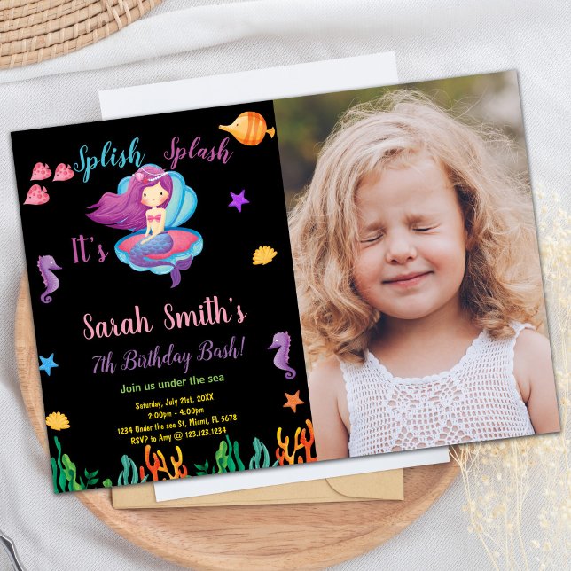 Invitation Photo Black Purple Shell Sirène Anniversaire (Photo Black Purple Shell Mermaid Birthday Invitation)