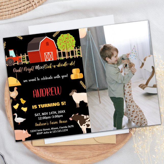 Invitation Photo Black Red Green Farm Animaux Anniversaire (Photo Black Red Green Farm Animals Birthday Invitation)