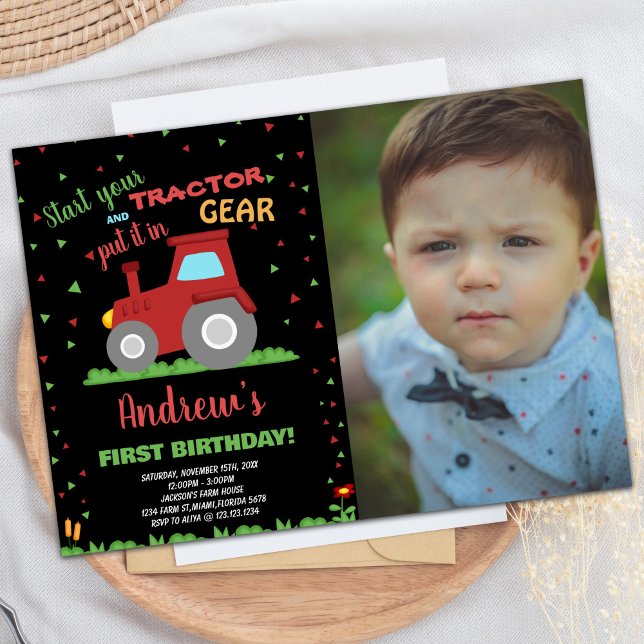Invitation Photo BLACK RED Green Grass Tractor Anniversaire (Photo BLACK RED Green Grass Tractor Birthday Invitation)