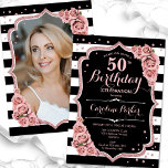 Invitation Photo Black Rose Gold 50e anniversaire<br><div class="desc">Elégante invitation à 50ème anniversaire fleurie avec votre photo au dos de la carte. Design noir et rose glam avec faux or rose parties scintillant. Comprend des rayures noires et blanches, des roses roses blanches, des caractères de script et des confettis. Parfait pour une fête anniversaire adulte élégante. Personnalisez avec...</div>
