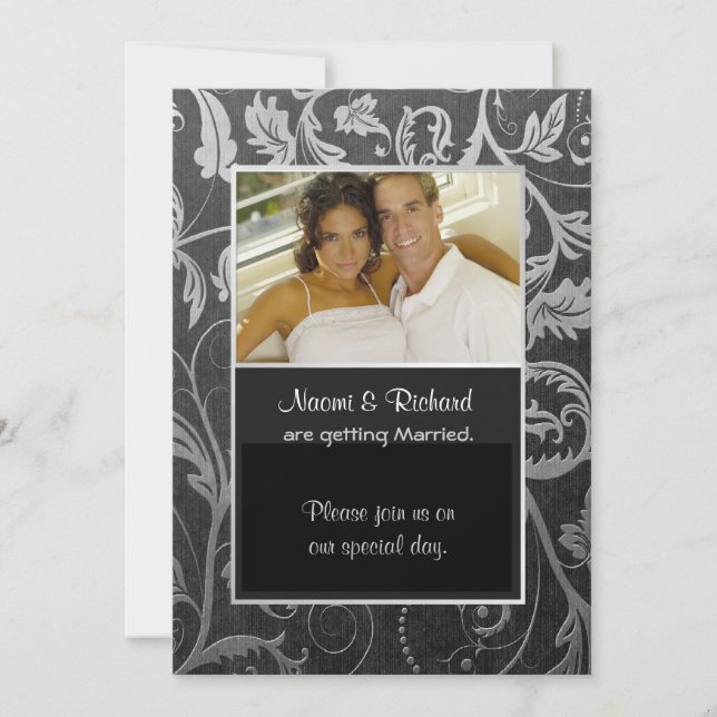Invitation photo Black & Silver Damask (Devant)