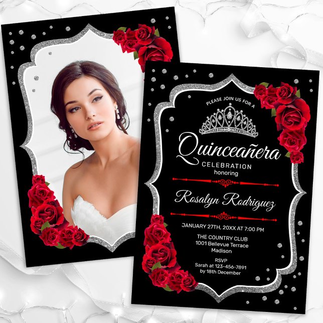 Invitation Photo Black Silver Red Quinceanera (Créateur téléchargé)