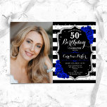 Invitation Photo Black Silver Royal Blue 50e anniversaire<br><div class="desc">Elégante invitation au 50e anniversaire fleurie féminine avec votre photo. Bleu noir blanc bleu royal design avec fausse parties scintillant argent. Il présente des rayures noir et blanc, des roses bleu saphir, des caractères de script et des confettis. Parfait pour une fête anniversaire adulte élégante. Personnalisez avec vos propres détails....</div>