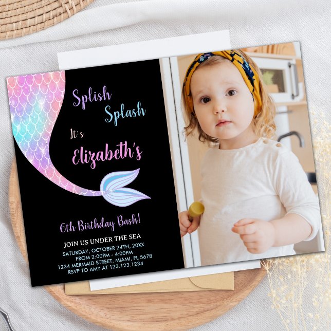 Invitation Photo Black Splash Splish Mermaid Anniversaire (Photo Black Splash Splish Mermaid Birthday Invitation)