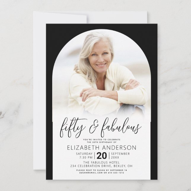 Invitation Photo Black White 50 Fabulous Birthday Arch Bold (Devant)