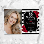 Invitation Photo Black White Stripes Red Silver 50e anniversa<br><div class="desc">Elégante invitation au 50e anniversaire fleurie féminine avec votre photo. Noir noir blanc rouge design avec fausse parties scintillant argent. Caractéristiques noir et blanc rayures, roses rouges, police de script et confetti. Parfait pour une fête anniversaire adulte élégante. Personnalisez avec vos propres détails. Peut être customisé pour n'importe quel âge...</div>