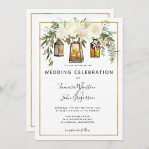 Invitation Photo Blanc Floral Rustic Lanterns Mariage