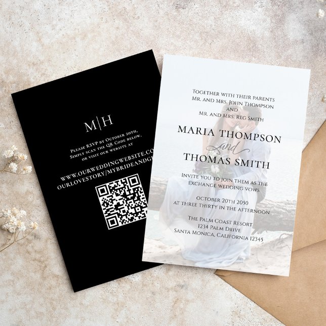 Invitation Photo Blanc Noir Moderne Simple Élégant (Simple black and white photo wedding invitation with scannable QR code. )