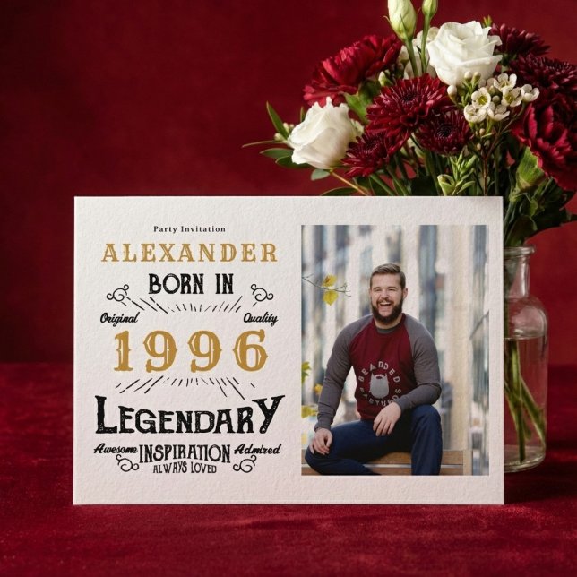 Invitation Photo Blanc & Or 30e Anniversaire Légende 1996 (Born 1996 birthday invitation.)